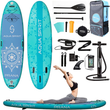 Aqua Spirit Prana Kit de planche de stand up paddle gonflable pour yoga, eau, fitness, pagaie et sac à dos en aluminium, tapis à langer, pompe, laisse, support pour GoPro et 3 ans de garantie, 3 m